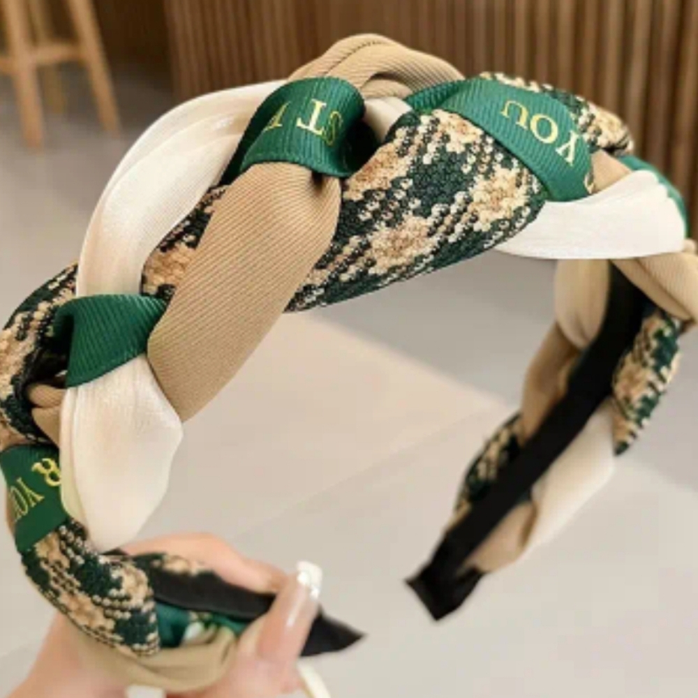 New boutique handmade braided plaid silk textured flexible headband green/tan